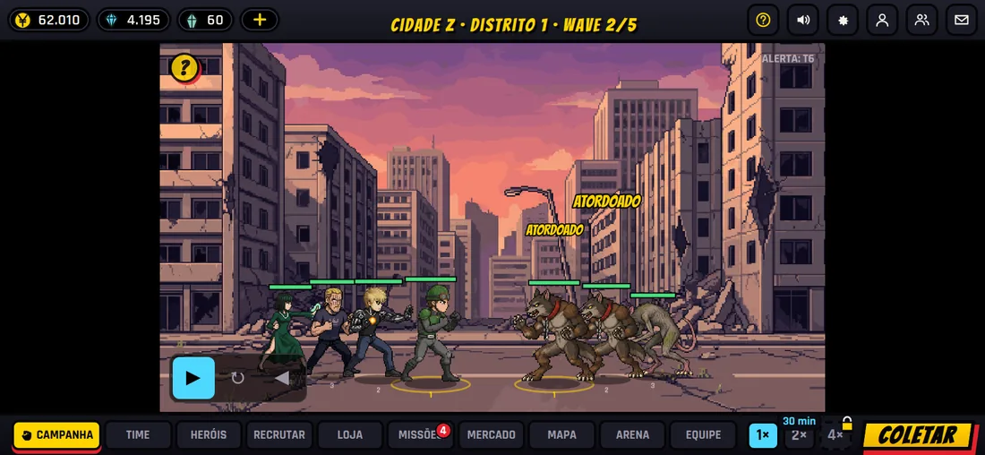 The game running on a phone, held sideways: the Team in a fight and the tab menu at the bottom