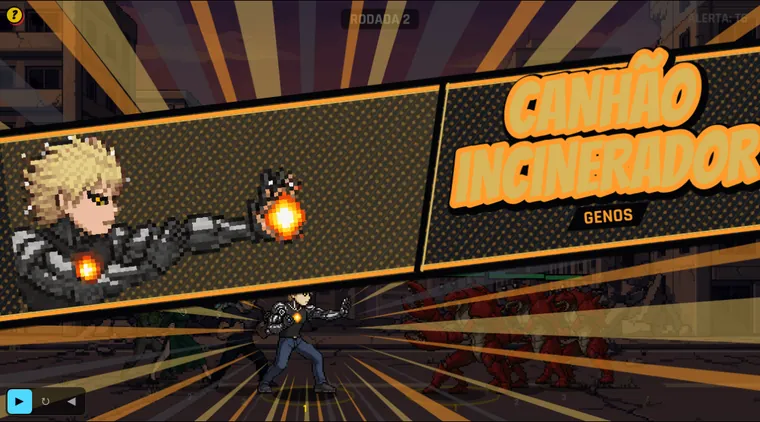 Genos special move scene: the Incineration Cannon banner and the hero firing his arm