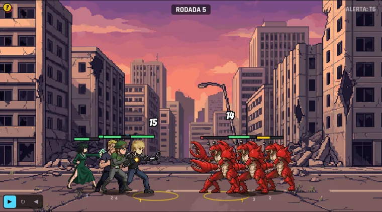 The game running in a desktop browser: the player's Team against monsters on a ruined street