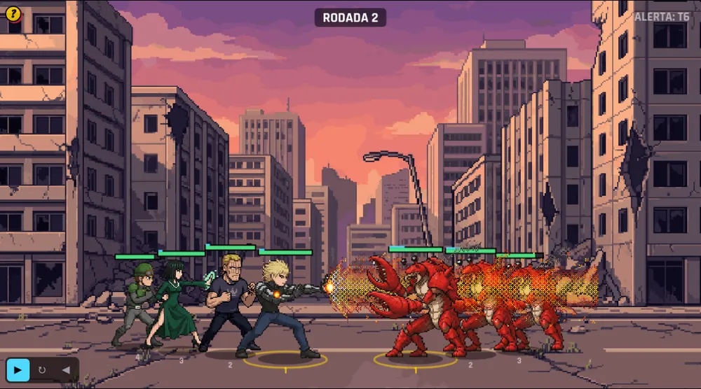 Campaign fight: Fubuki, King, Genos and Mumen Rider face crab monsters on a ruined street