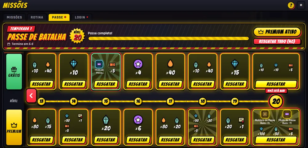 Season 1 Battle Pass, with a free and a premium reward track