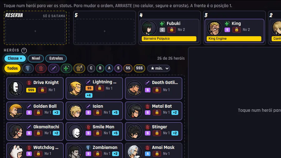 Build Team screen with the hero order and the list of cards to choose from